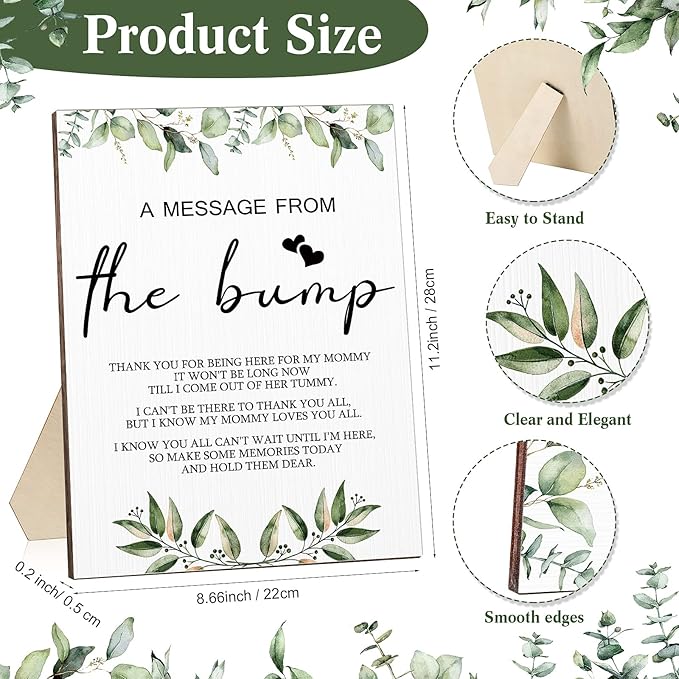 Roowest Cool Baby Shower Tabletop Decoration a Message from the Bump Wooden Baby Shower Games Sign Greenery Cute Gender Reveal Party Thank You Sign, 11.2 x 8.66 Inches(Greenery)