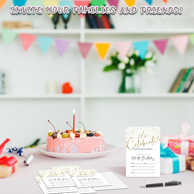 40th Birthday Invitations Cards, 4"x 6" White and Gold Confetti Birthday Party Invites with Envelopes for Party Decorations Supplies(20 Pieces) -D11