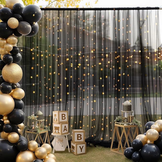 20ft x 10ft Black Backdrop Curtain with Lights String for Parties, Sheer Tulle Wedding Photo Backdrops Drapes for Baby Shower Birthday Party Decorations Background for Photography