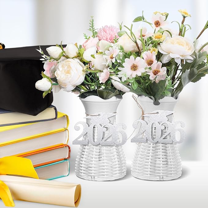 Chinco 24 Pcs 2026 Graduation Decorations Class of 2026 Graduation Centerpieces for Table Glitter Cutouts Grad Cap Tags Double Side Sparkling Glitter Confetti Party Decor for Vase Mason Jar (Silver)