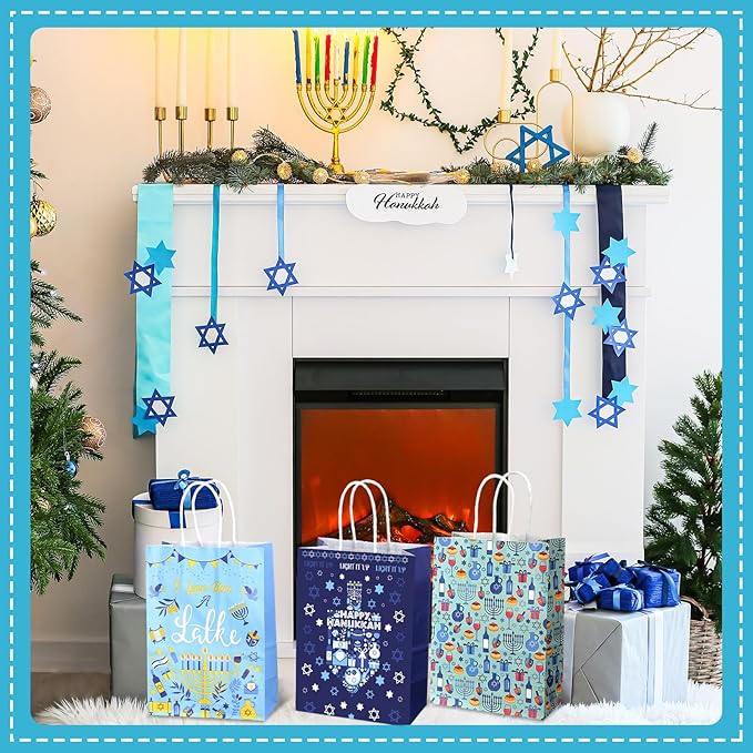 Outus 48 Pcs Hanukkah Party Favor Bags Chanukah Gift Goodie Paper Bags with Handles Jewish Menorah Blue Star of David Dreidel Candy Treat Pouch for Happy Hanukkah Party Decorations Supplies