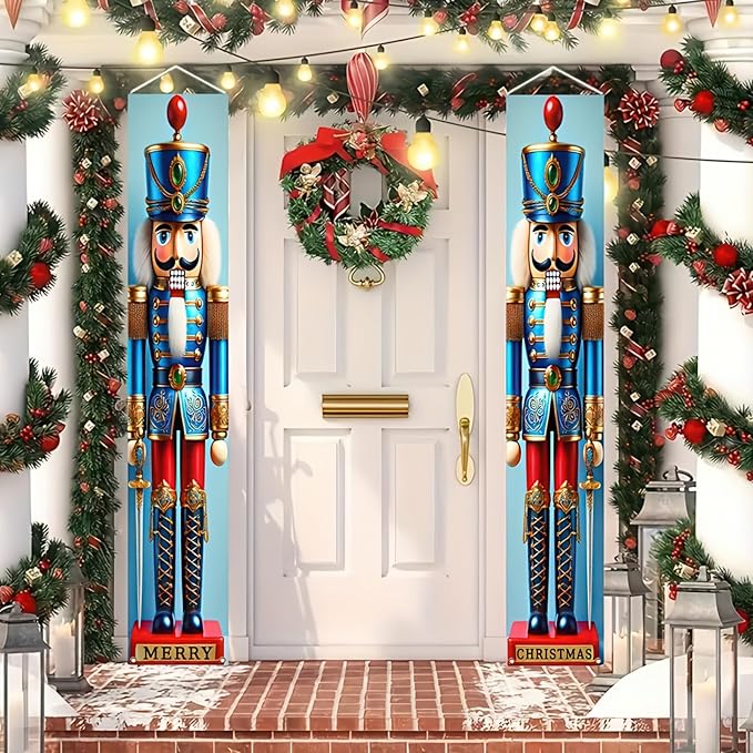 Blue Nutcracker Christmas Porch Banner Set 71"x12" Christmas Door Banner Xmas Nutcracker Soldier Outdoor Doorway Hanging Sign for Front Yard Holiday Kids Party Xmas Decoration