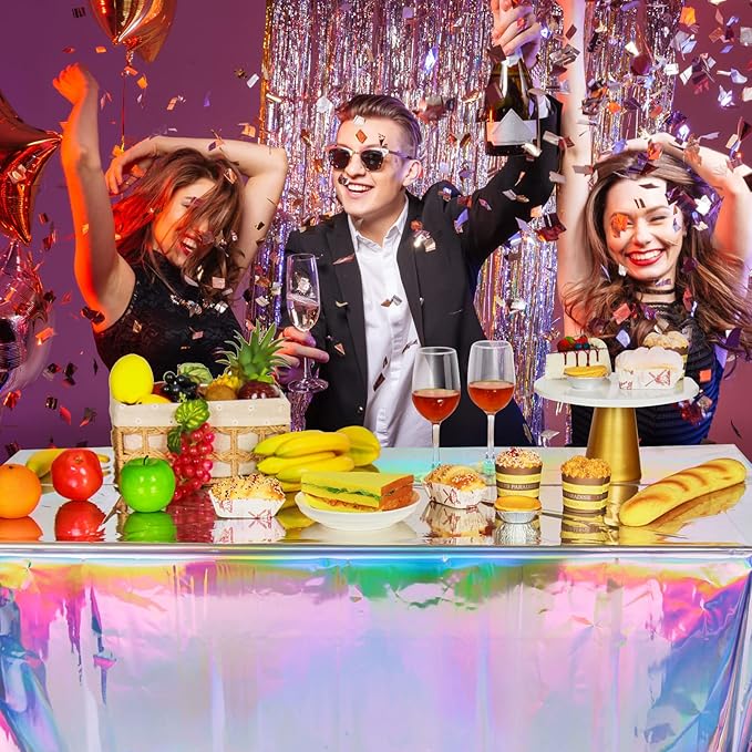 FunnyPars 4 Pack Iridescent Plastic Tablecloths, Shiny Disposable Laser Rectangle Table Covers, Holographic Foil Tablecloth Iridescent Birthday Party Supplies Decorations