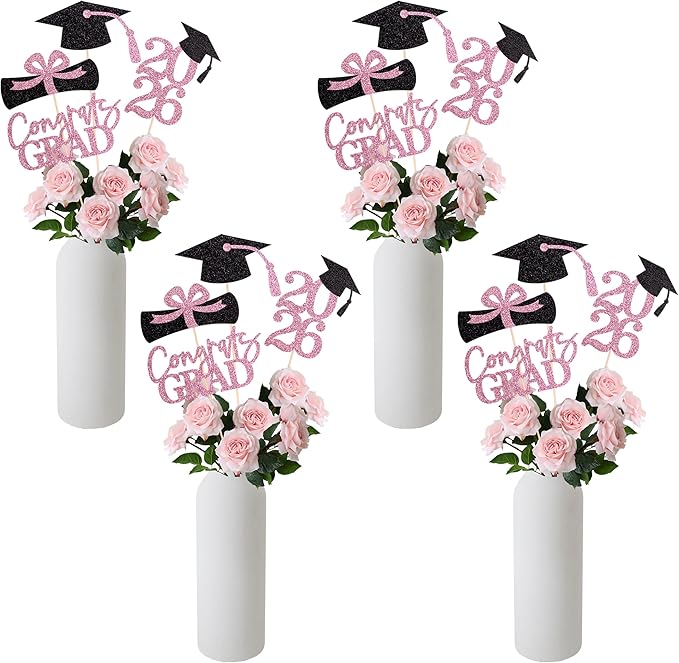 Gexolenu 16 PCS Pink and Black Double-Sided 2026 Graduation Centerpieces for Tables, 2026 Table Toppers Party Centerpiece Sticks Party Supplies, Graduation Party Decorations Class of 202, Set of 4