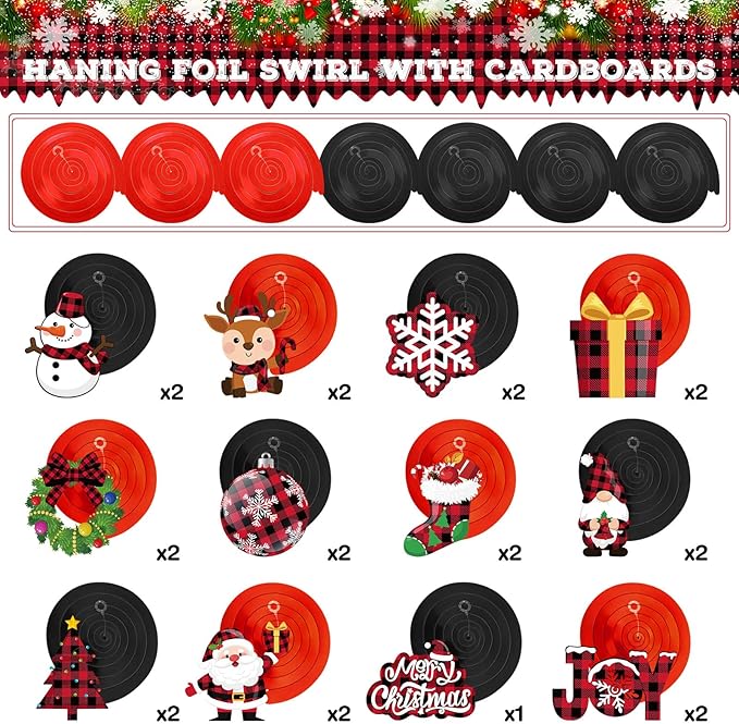 Sumind 30 Pcs Christmas Swirl Ceiling Hanging Decorations Set Xmas Holiday Snowman Elk Sign Hanging Foil Christmas Indoor Decorations for Ceiling Xmas Holiday Party Decor(Red, Black)