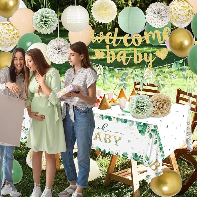 Baby Shower Decorations Sage Green Welcome Baby Sign Banner with Green Balloons Oh Baby Tablecloth Gender Neutral Baby Items Paper Pom Poms Decorations for Gender Reveal Party Supplies