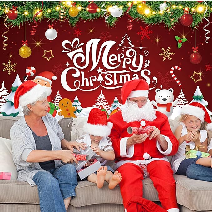 Red Green Gold Merry Christmas Backdrop Banner Photography Background for Home Garden Outdoor Wall Xmas Christmas New Year Party Decorations Supplies 72.8 * 43.3in