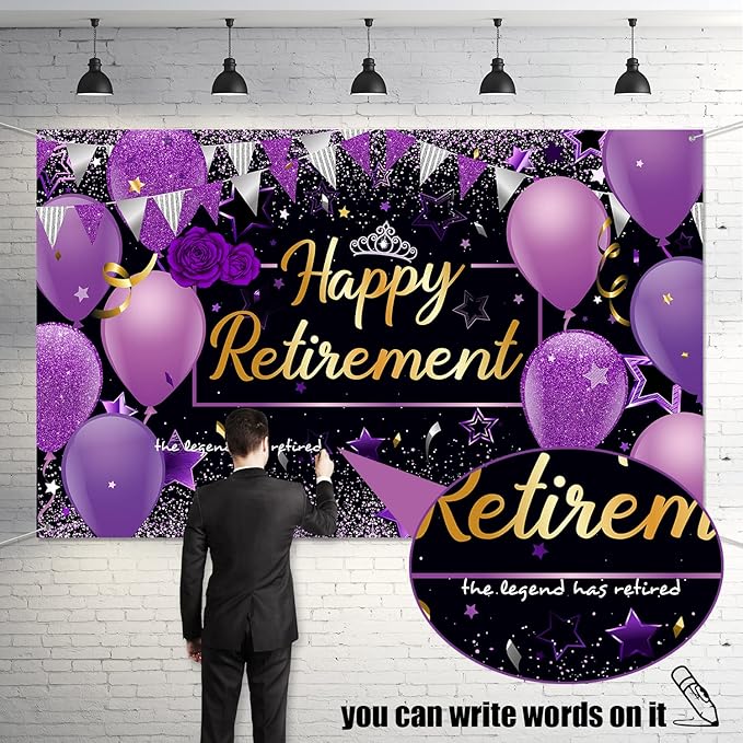 Blulu Retirement Party Decorations, Extra Large Fabric Retire Sign Banner Photo Booth Backdrop Background with Rope for Retirement Party Favor(72.8 x 43.3 Inches,Purple and Black)