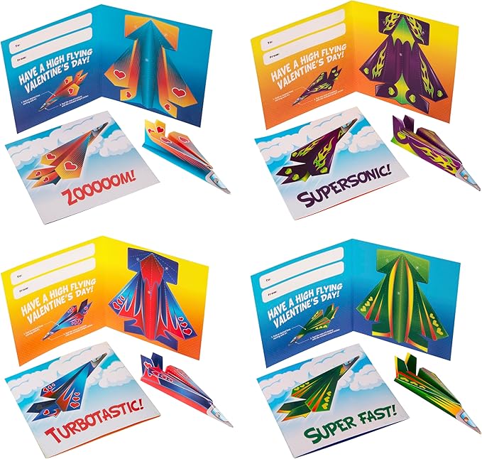 Kangaroo 28 Pack Flying Paper Airplanes Valentines Day Cards for Boy & Girl with Envelopes & Stickers - Valentines Day Cards for Kids School - Valentine Bulk Party Favors Classroom Gift