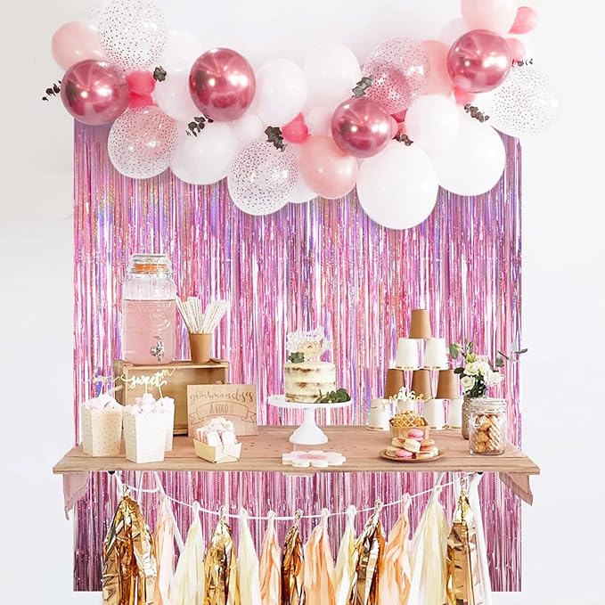 MYUPDALIN 2 Pack Pink Party Backdrop Decorations Tinsel Curtain Pink Princess Bachelorette Theme Party Decorations