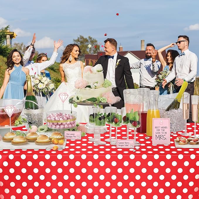 WNINK 6 Pack Red and White Polka Dot Tablecloths – Disposable Plastic Waterproof Table Cover, 54" x 108", for Birthday, Wedding, Bridal Shower, Bachelor Party, and Picnic