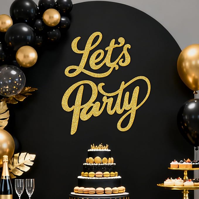 Babenest Let's Party Felt Sign, Gold Reusable Glitter Letter Banner for Backdrop, Balloon Arch Decor, Party Supplies for Graduation, Birthday, Wedding, Bachelorette, Christmas, Home Bar, Man Cave Wall Decorations