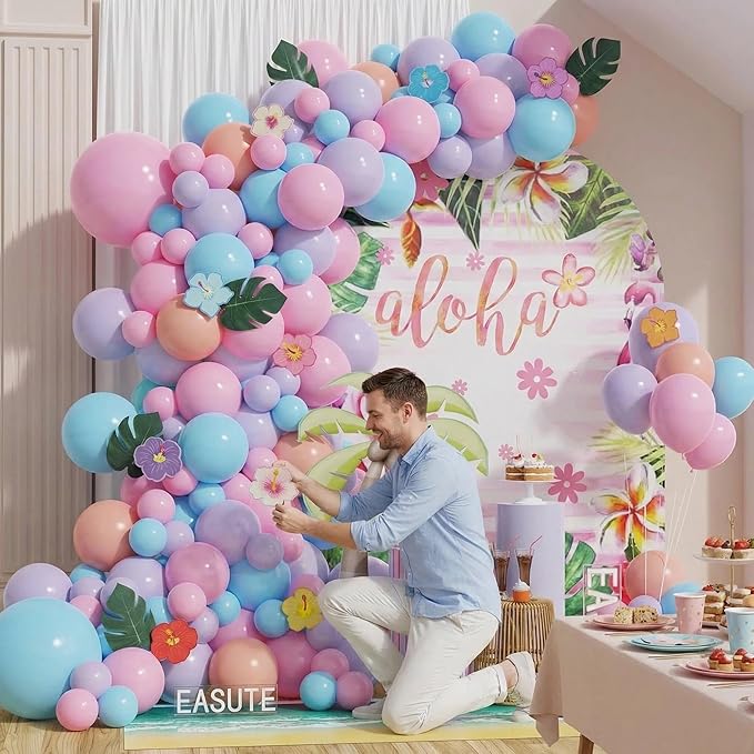 Moana Birthday Decorations Pink Purple and Blue Balloon Arch Kit with Summer Hibiscus Stickers for Tropical Hawaii Luau Tiki Magic Theme Party Supplies