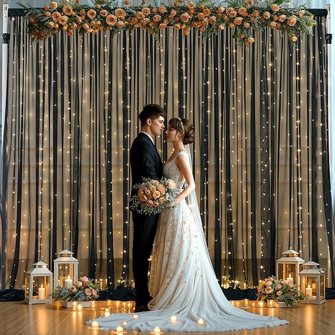 10x10ft Black Chiffon Backdrop Curtain with Lights String for Wedding Sheer Tulle Curtain Photo Backdrops Drapes for Baby Shower Birthday Party Home Ceremony Decorations