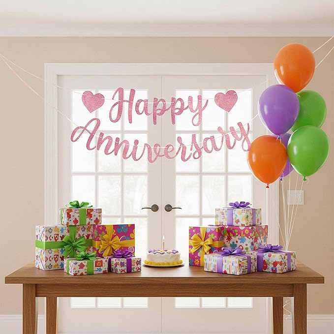Happy Anniversary Banner, Glitter Happy Anniversary Decorations No DIY Anniversarys Decor for Wedding Anniversarys Party Decorations(Rose Gold)