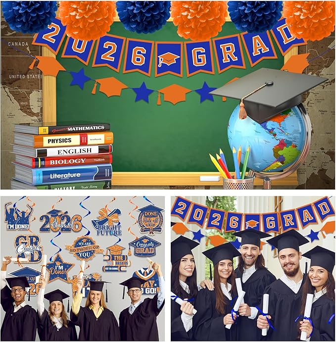 Orange and Blue Graduation Decorations, Grad Banner and Congrats Grad Hanging Swirls, Orange and Blue Graduation Banner Graduations Hanging Swirls College Graduations Party Decorations Class of 2026