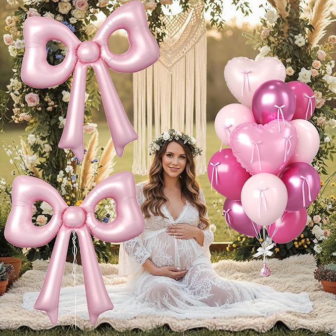 Pink Heart and Bow Balloons, 38 Inch Bow Balloons, Hot Pink Metallic Balloon Helium with Bow Ribbons for Anniversary Engagement Birthday Wedding Bridal Baby Shower Valentines Day Decorations