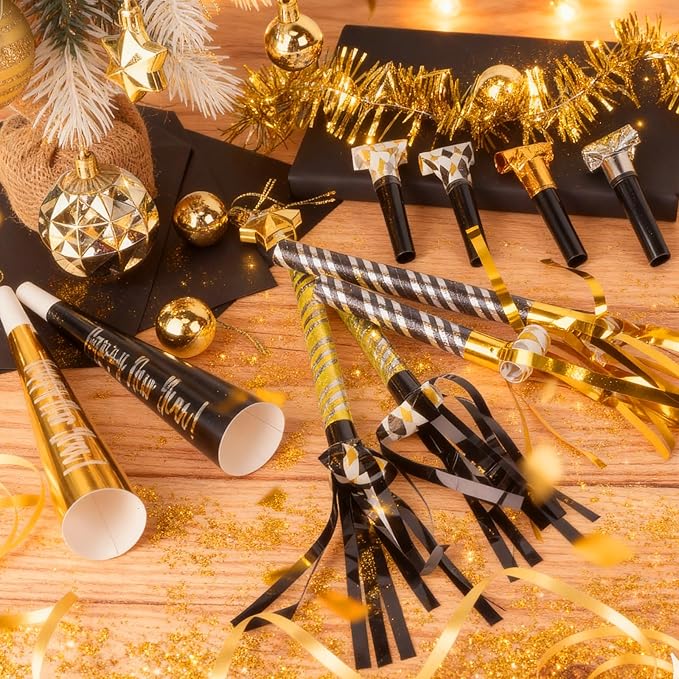50pcs New Years Eve Decorations Black, Gold & Silver Party Blowers, New Years Eve Party Supplies 2026 Noisemakers for Adults Nye Decorations