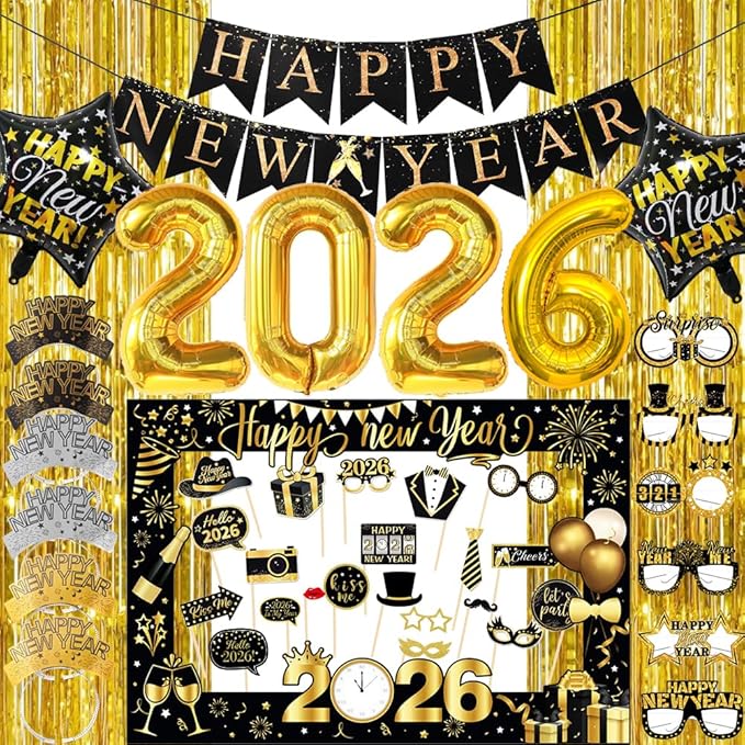 Happy New Years Decorations 2026, New Year Eve Party Supplies Kit Included Foil Curtains Banner Photo Frame Headband Glasses NYE New Year Party Glasses Foil Ballons Party Favor Decor