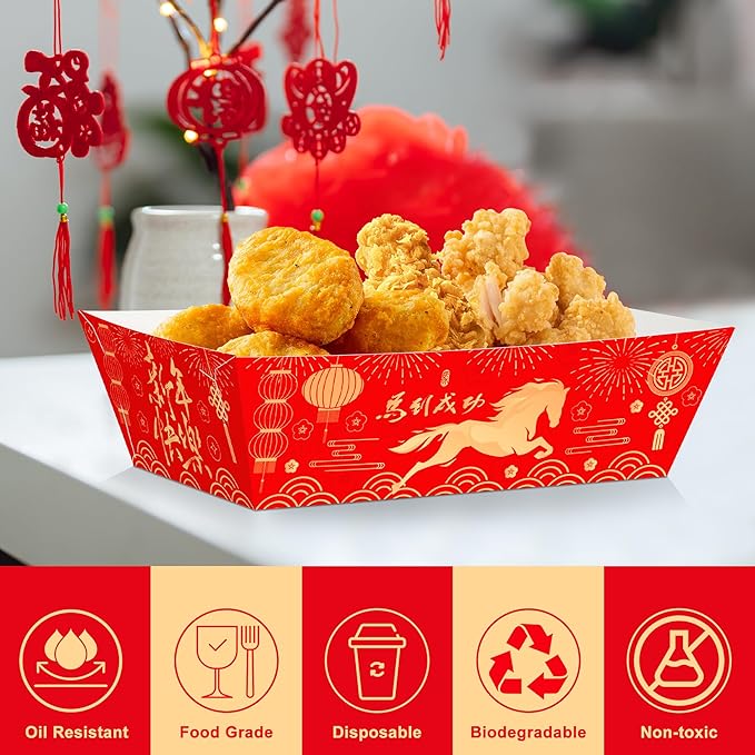 50 PCS Chinese New Year Decorations 2026, Spring Festival Food Paper Trays, Disposable Chinese New Year Candy Trays Food Boats, Year of The Horse Decorations for Taco Burger Popcorn