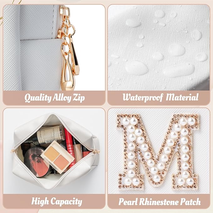 Y1tvei Large Bride Gold MRS Patch Varsity Letter Cosmetic Toiletry Pearl Rhinestone Letter Patches Makeup Bag PU Leather Waterproof Portable Zipper Big Travel Organizer for Wedding Bride Bridesmaid