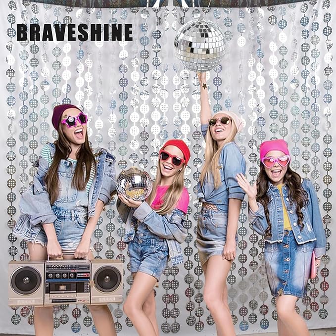 BRAVESHINE Disco Hanging Balls Fringe Backdrop - 2 Pack Silver Tinsel Foil Curtains Streamers for Christmas/70s/80s/90s/Birthdays/Bachelorette/Engagement/Music/Dance/Decades/Disco Party Decorations