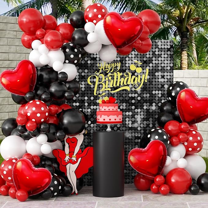 JOGAMS 172Pcs Betty Party Decorations,Red and Black Party Decorations with Red Heart Foil Polka Dot Green 260 Long Balloons for Bachelorette Birthday Baby Shower Vintage Retro Party