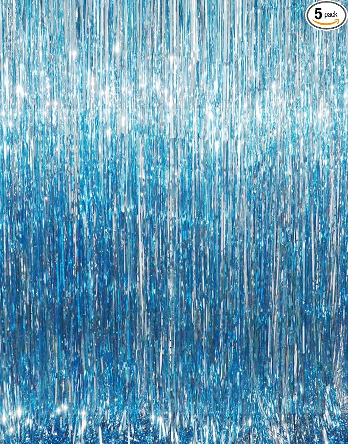 GOER 3.2 ft x 8.2 ft Metallic Tinsel Foil Fringe Curtains Party Photo Backdrop Party Streamers for Birthday,Graduation,New Year Eve Decorations Wedding Decor (Light Blue,5 pcs)