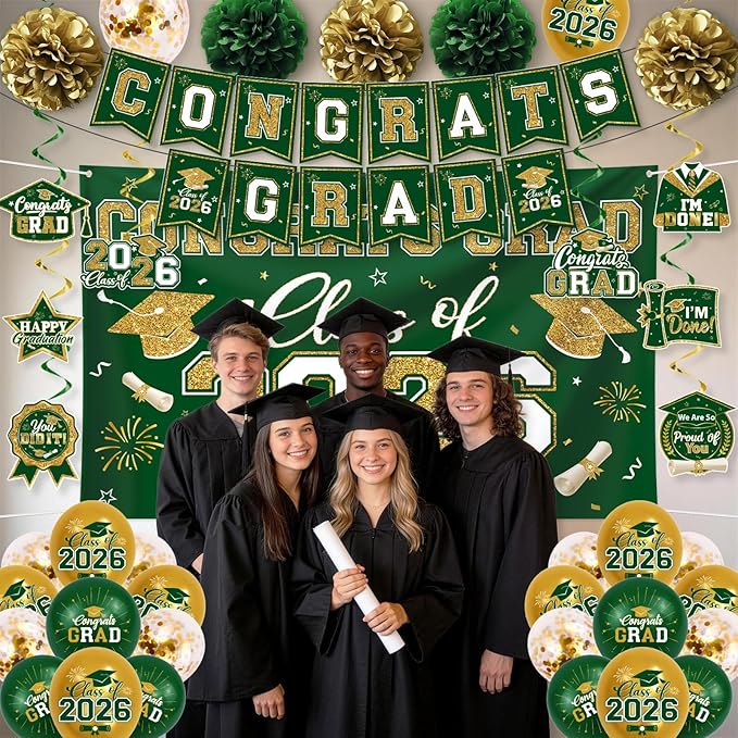 Green and Gold Graduation Decorations 2026 Set, All-in-1 Kit with Congrats Grad Banner Class of 2026 Backdrop Porch Sign Balloons Centerpieces Card Box Pom Poms Streamers for College High School