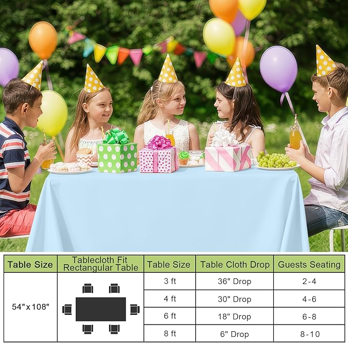 Smiry Disposable Table Cloth - 6 Pack, 54 x 108 Inch Waterproof Rectangle Tablecloths for Parties, Decorative Plastic Table Cover, Leakproof & Sturdy, Baby Blue