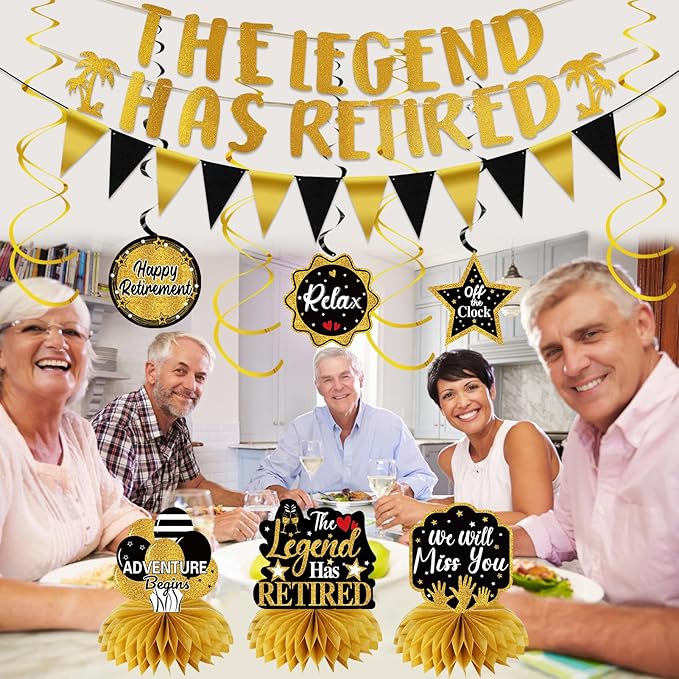 Retirement Party Decorations for Men Women, Black Gold Happy Retirement Decorations Kit The Legend Has Retired Banner Retired Table Centerpieces Hanging Swirls Party Supplies 12PCS