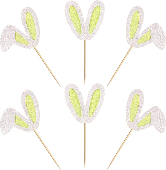Ercadio 24Pcs Easter Bunny Ear Cupcake Toppers Glitter Yellow Rabbit Ears Cupcake Picks Easter Bunny Cupcake Decors for Rabbit Baby Gender Reveal Kids Birthday Baby Shower Party Supplies