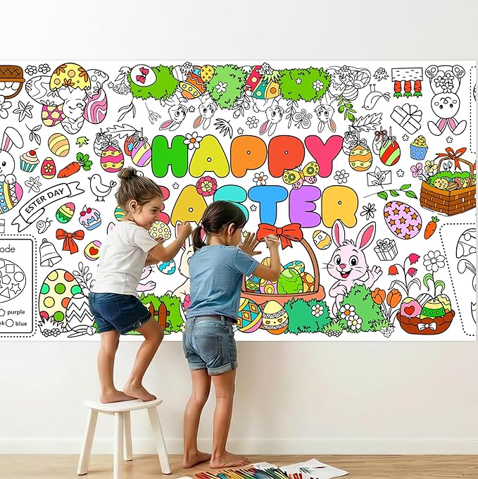 Kids Coloring Tablecloth, Easter Bunny Egg Chick Theme Paper Coloring Poster, 31 x 72 Inch Spring Holiday Coloring Activity Party Table Cover