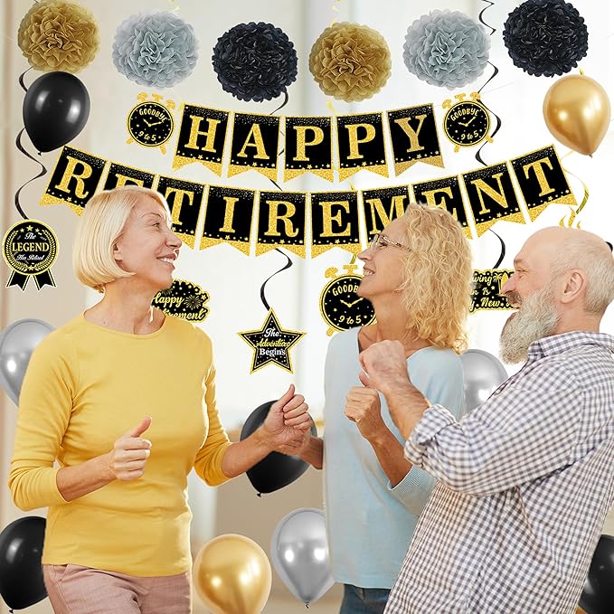 DARUNAXY Black Gold Retirement Party Decorations, Happy Retirement Banner, Officially Retired Hanging Swirl The Legend Has Retired Sash Tissue Paper Pom Poms Party Supplies(31PC)