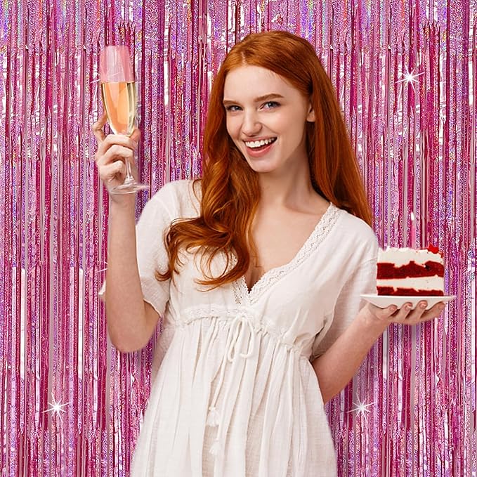 Tinsel Curtain Pink Birthday Party Decorations 2 Packs Glitter Foil Fringe Curtain Decor Streamers Photo Booth for Birthday Christmas Wedding Halloween Graduation