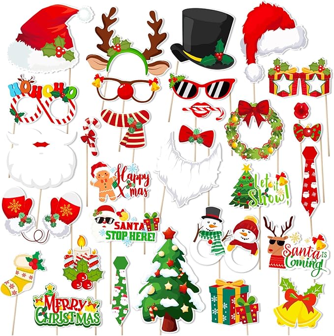 30pcs Christmas Photo Booth Props Funny Christmas Party Decorations Photobooth Favors Games Supplies for Kids Adults