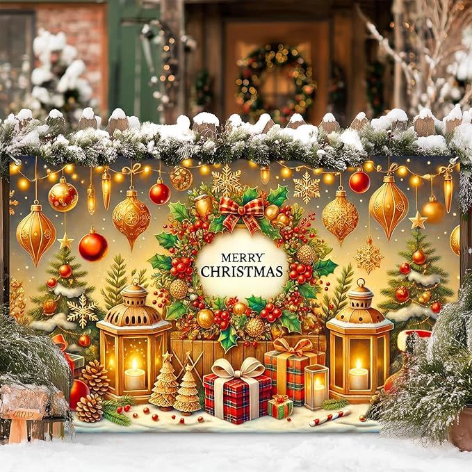 Christmas Banner 71x43 Inch Merry Christmas Backdrop Holiday Wall Decoration Festive Golden Ornaments Xmas Tree Lights Gift Boxes Party Photo Background Winter Celebration Display