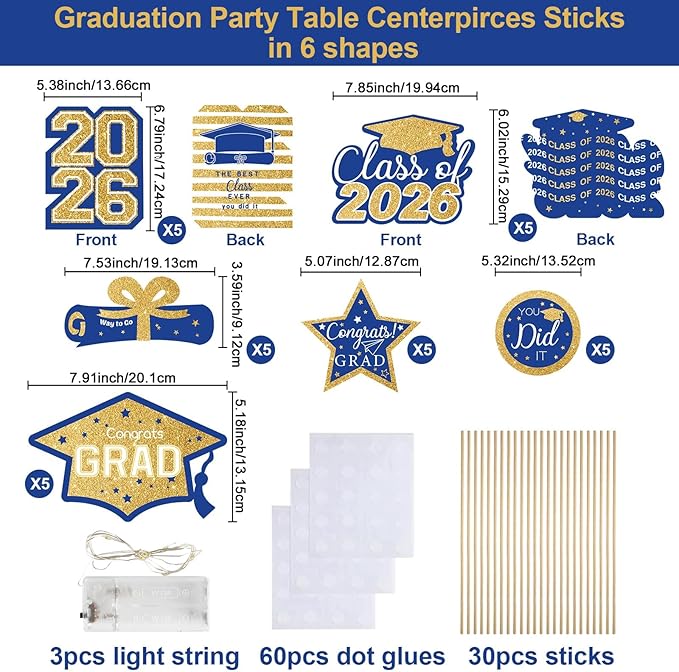 OuMuaMua Graduation Decorations Class of 2026-30pcs Blue and Gold Graduation Table Centerpieces Sticks Table Toppers with Lights for College High School Congrats Grad Party Supplies