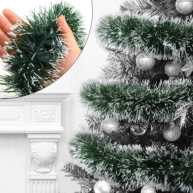 50Ft Christmas Tinsel Garland, Green Metallic Twist Garland for Christmas Tree Decorations, Xmas Tree Decor for Holiday Party Supplies (Green)