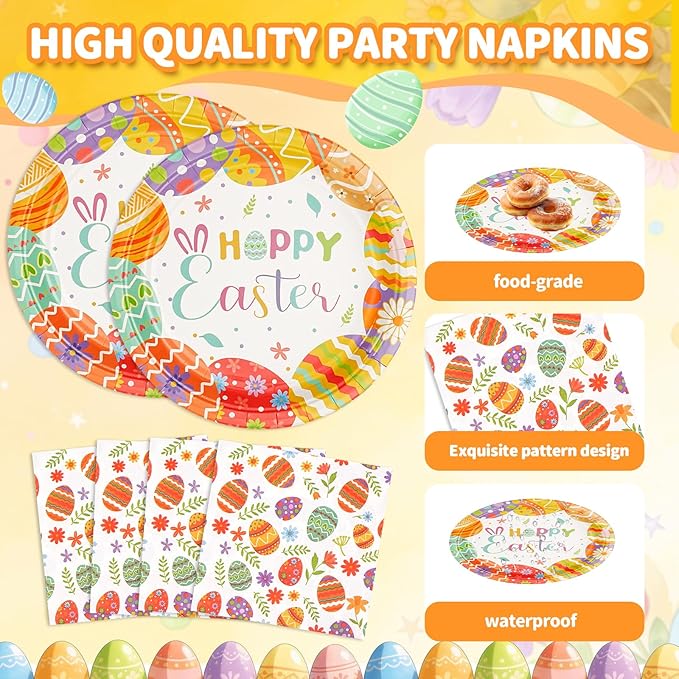 Easter Paper Plates and Napkins Set | 9 Inch Disposable Dinner Plates & Napkins for Easter Brunch, Dinner, and Party Supplies | Festive Bunny & Egg Design Tableware,Serve for 20