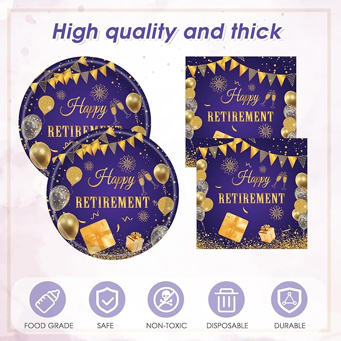 41PCS Retirement Party decorations Purple and Gold Disposable Tablerware Decoration Favors Including Paper Plates Napkins and Tablecloth Set for Women Retirement Table Decorations Party Supplies