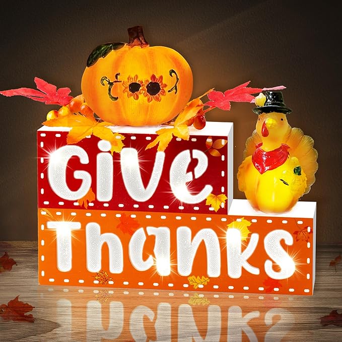 BlcTec Thanksgiving Decorations for Home, Lighted Thanksgiving Wood Block Sign with 3D Letters, Pumpkin, Turkey, Maples, Fruit, Timer, Battery Operated Thanksgiving Sign for Table, Mantle, Shelf Home Décor