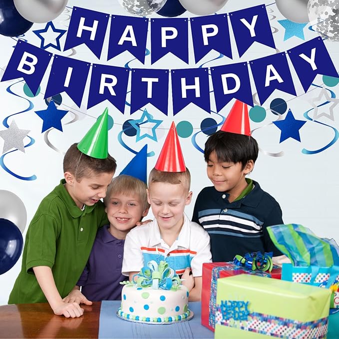 ZHENGYE Blue Birthday Decorations Set Happy Birthday banner Hanging Swirls Circle Dot Garland Confetti Latex Balloon Birthday Party Decoration Supplies