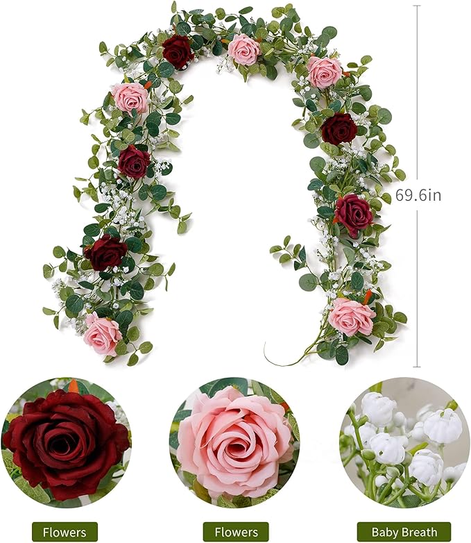 Anna's Whimsy 2PCS 5.91FT Artificial Eucalyptus Garland with Flowers, Fake Rose Gypsophila Garlands, Faux Floral Greenery Garland for Wedding Spring Home Party Table Runner Decor（Dusty Pink）