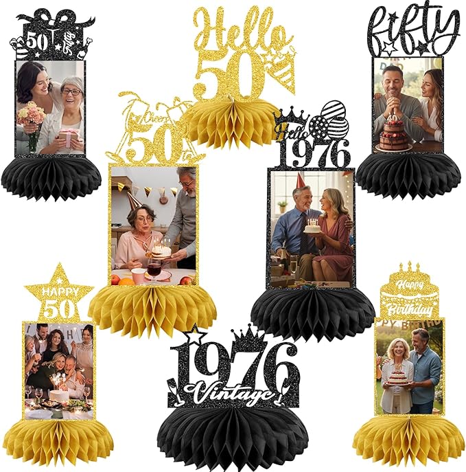 8Pcs 50th Birthday Decoration for Men Women 50th Birthday Table Decorations Cheers to 50th Birthday Honeycomb Centerpieces Table Topper Black and Gold 50th Birthday Party Favors