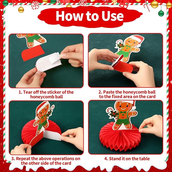 10 Pieces Christmas Honeycomb Centerpiece, Gingerbread Man Snowman Santa Honeycomb Centerpieces Christmas Party Birthday Home Table Toppers Double Sided Decorations