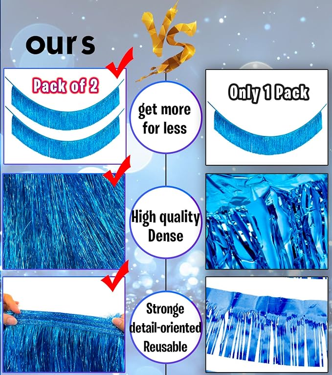 2 Pack Premium Sky Blue Glitter Fringe Tassel Banner for Party Decoration Thick Metallic Foil Tinsel Garland for Birthday Wedding Bachelorette Holiday Disco Home Decor