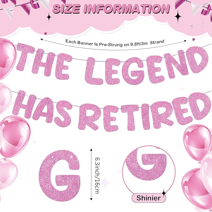 Fulmoon Pre Strung the Legend Has Retired Glitter Banner 9.8 ft Retirement Banner Retirement Party Decorations Garland Bunting for Men Women Gifts, No DIY(Pink)