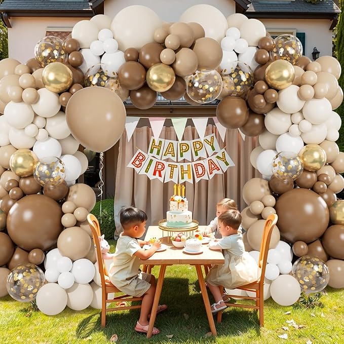 CboDeco Brown Balloon Garland Arch Kit 141PCS Brown Boho Neutral White Gold Latex Metallic Confetti Balloons for Safari Neutral Bear Baby Shower Birthday Party Decorations