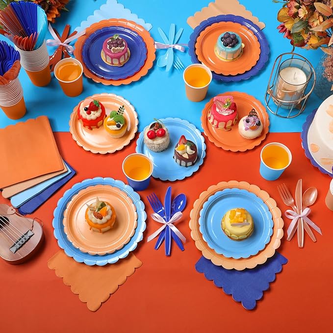350 Pcs Blue Orange Plates and Napkins, 50 Guest Blue Dog Party Supplies Include Scalloped Paper Plates Napkins Cups Plastic Spoons Forks Knives Disposable Tableware Set for Dart Birthday Party